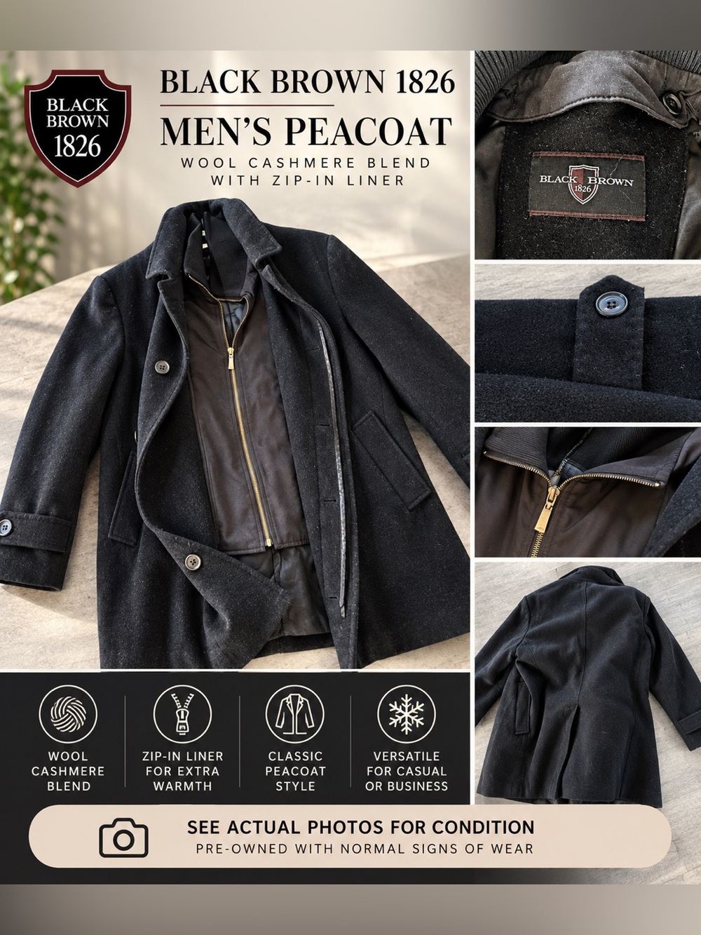 Black Brown 1826 Men's Black Wool Cashmere Blend Peacoat with Zip-In Liner